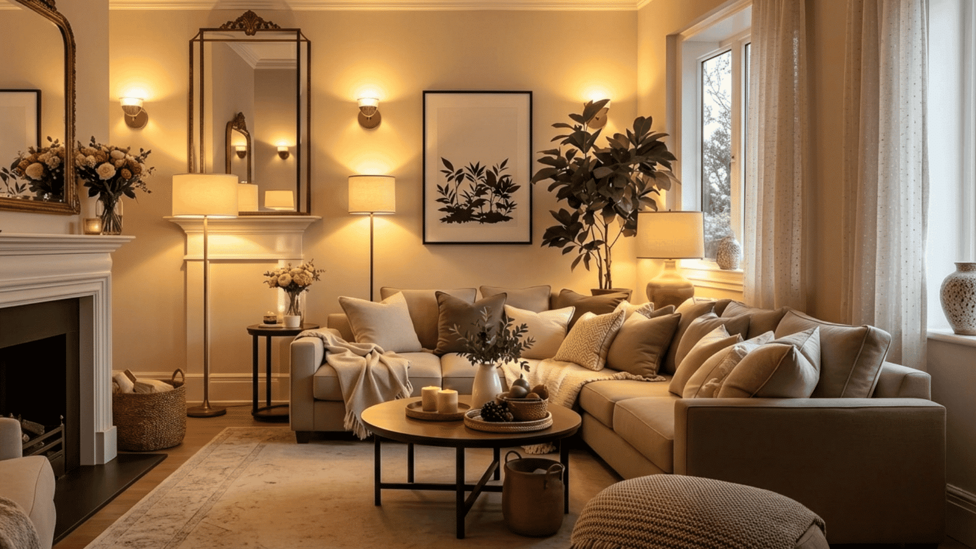 Warm and cozy living room with soft lighting, neutral decor and comfortable seating
