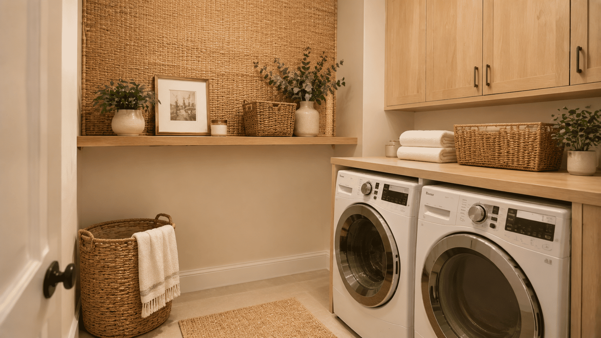 warm laundry room with woven accent wall, wood cabinets, baskets, washer and dryer