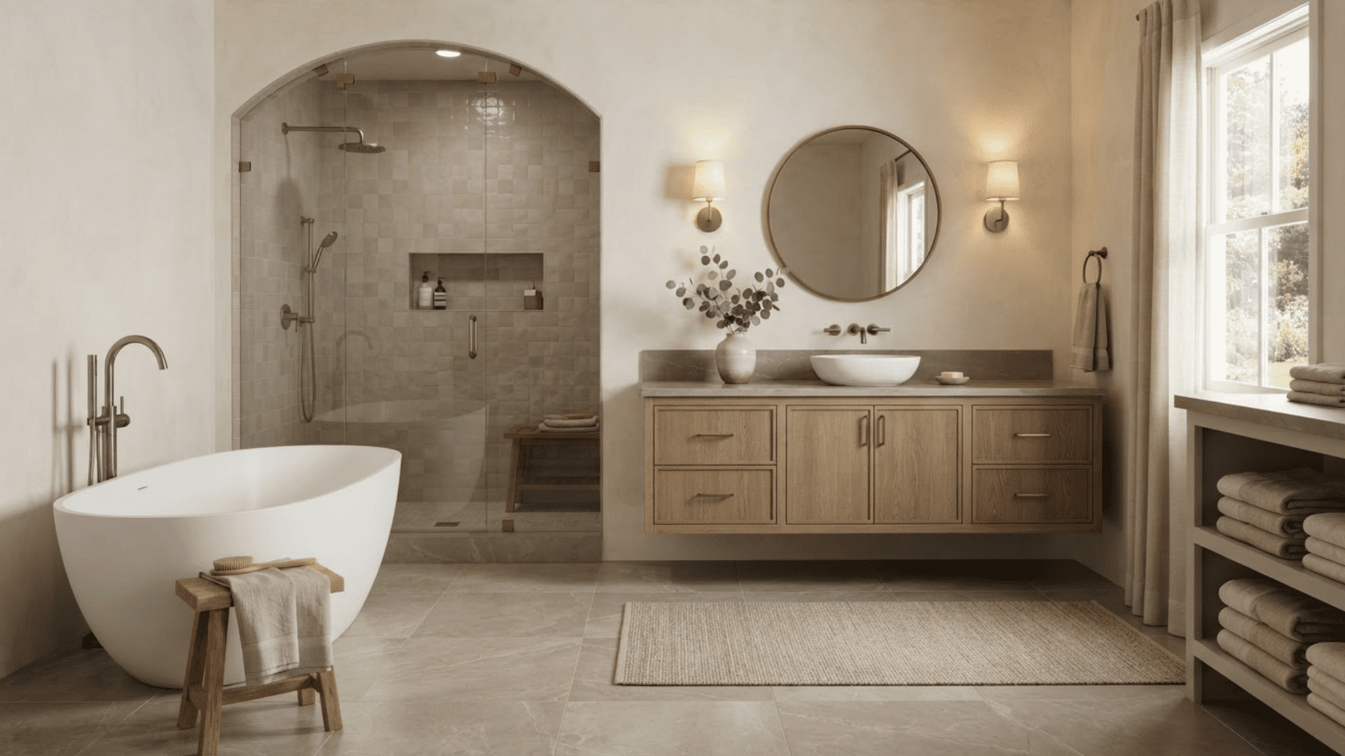 warm neutral luxury bathroom with wood vanity, white tub, glass shower, and soft lighting