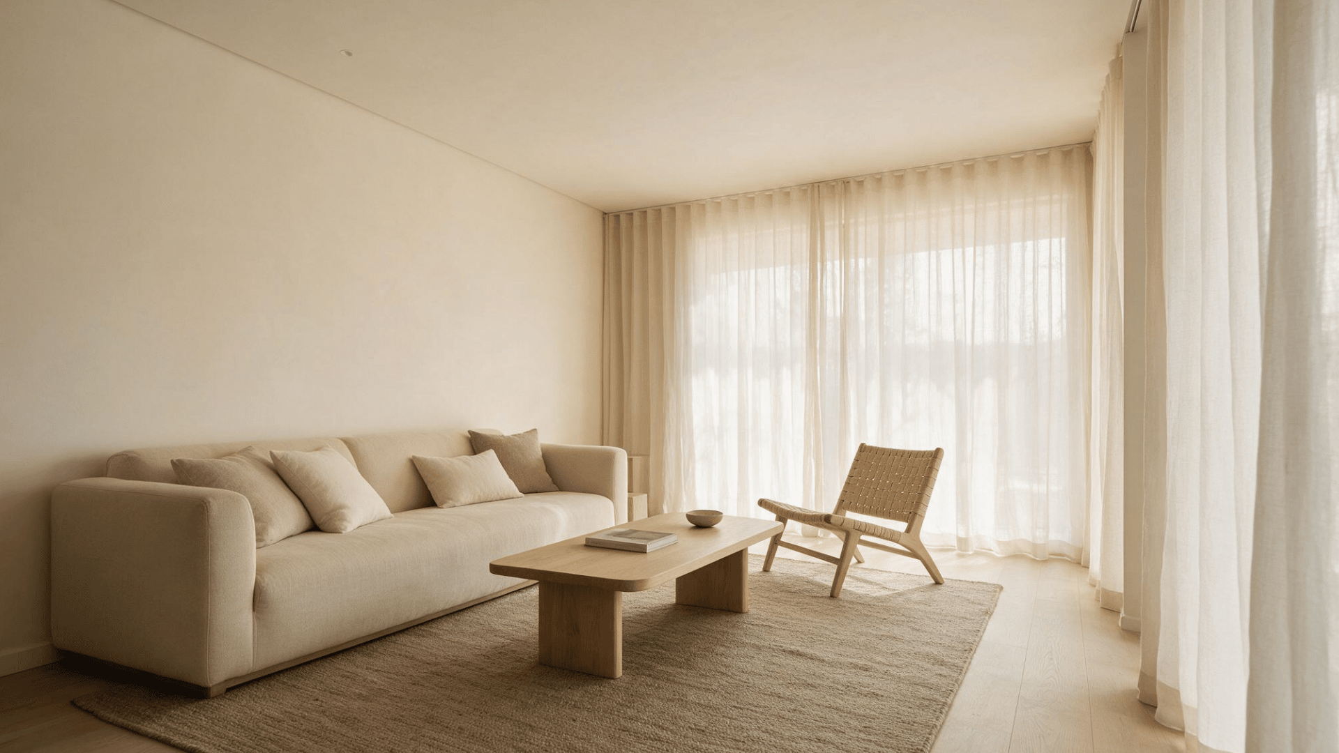 warm neutral minimalist living room with beige sofa, wood table, woven chair, and sheer curtains