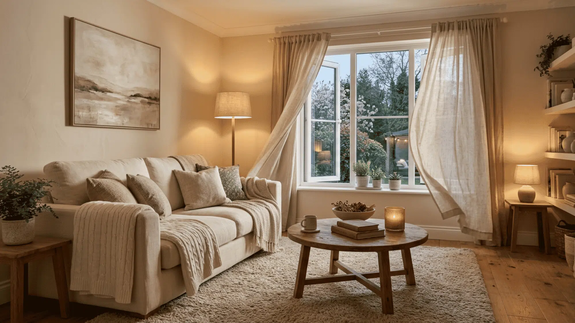 Living room with warm neutral walls, cream sofa, beige rug, wood table, and soft curtains.