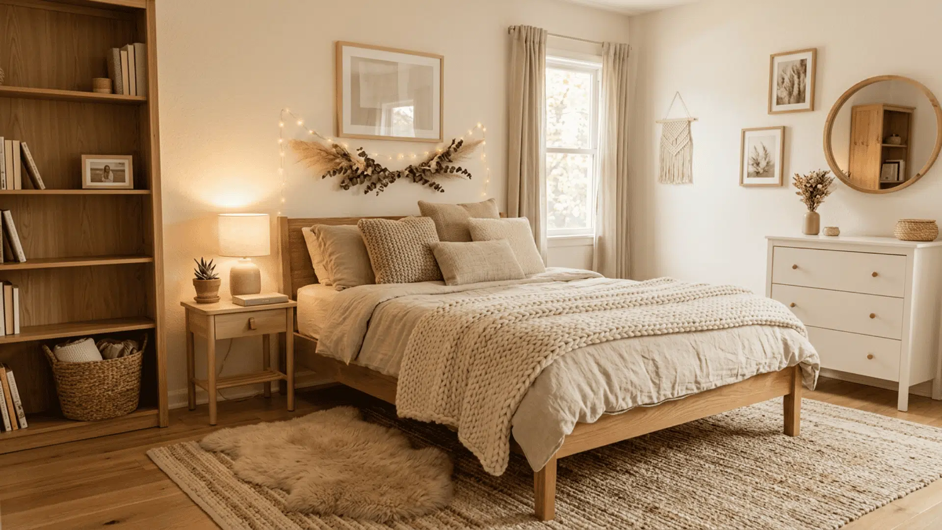 warm neutral teen bedroom with layered textiles and natural accents