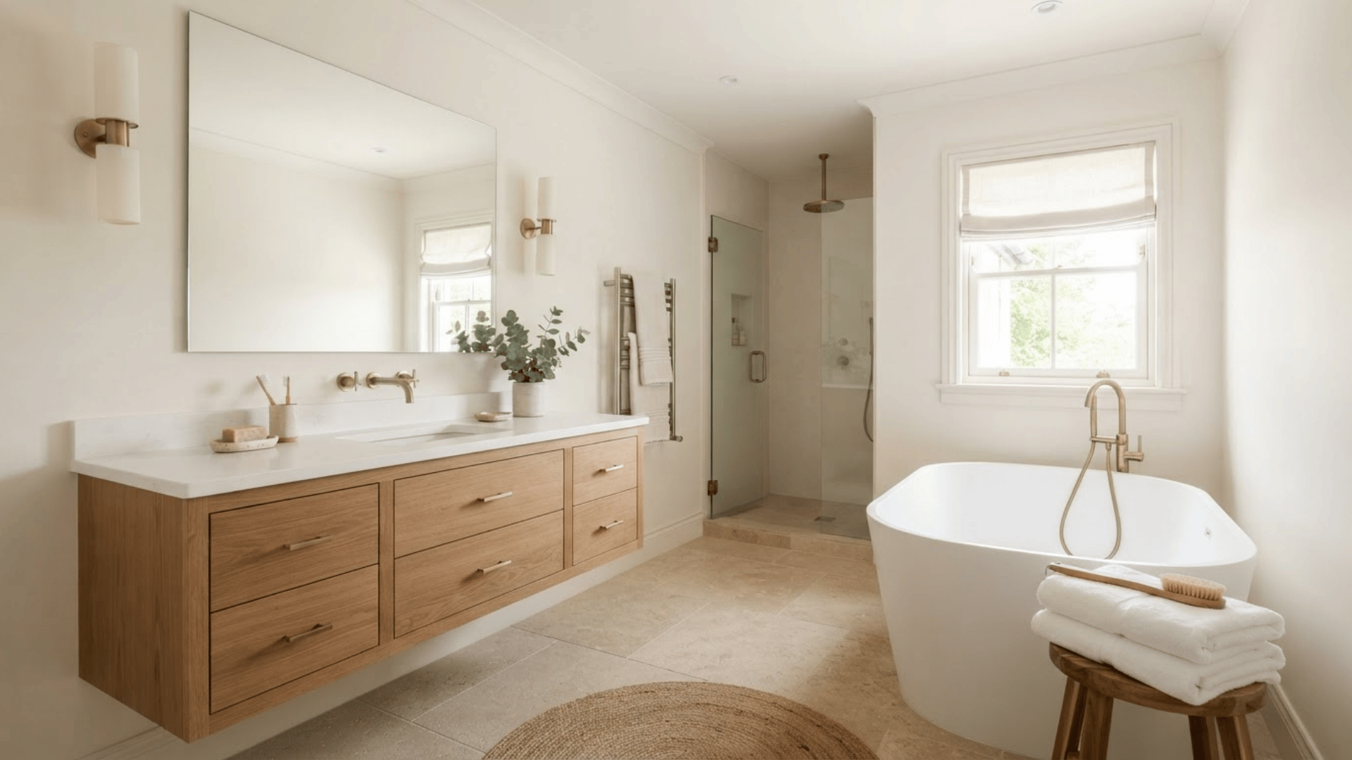 warm white bathroom with wood vanity, freestanding tub, beige floor, and brass fixtures