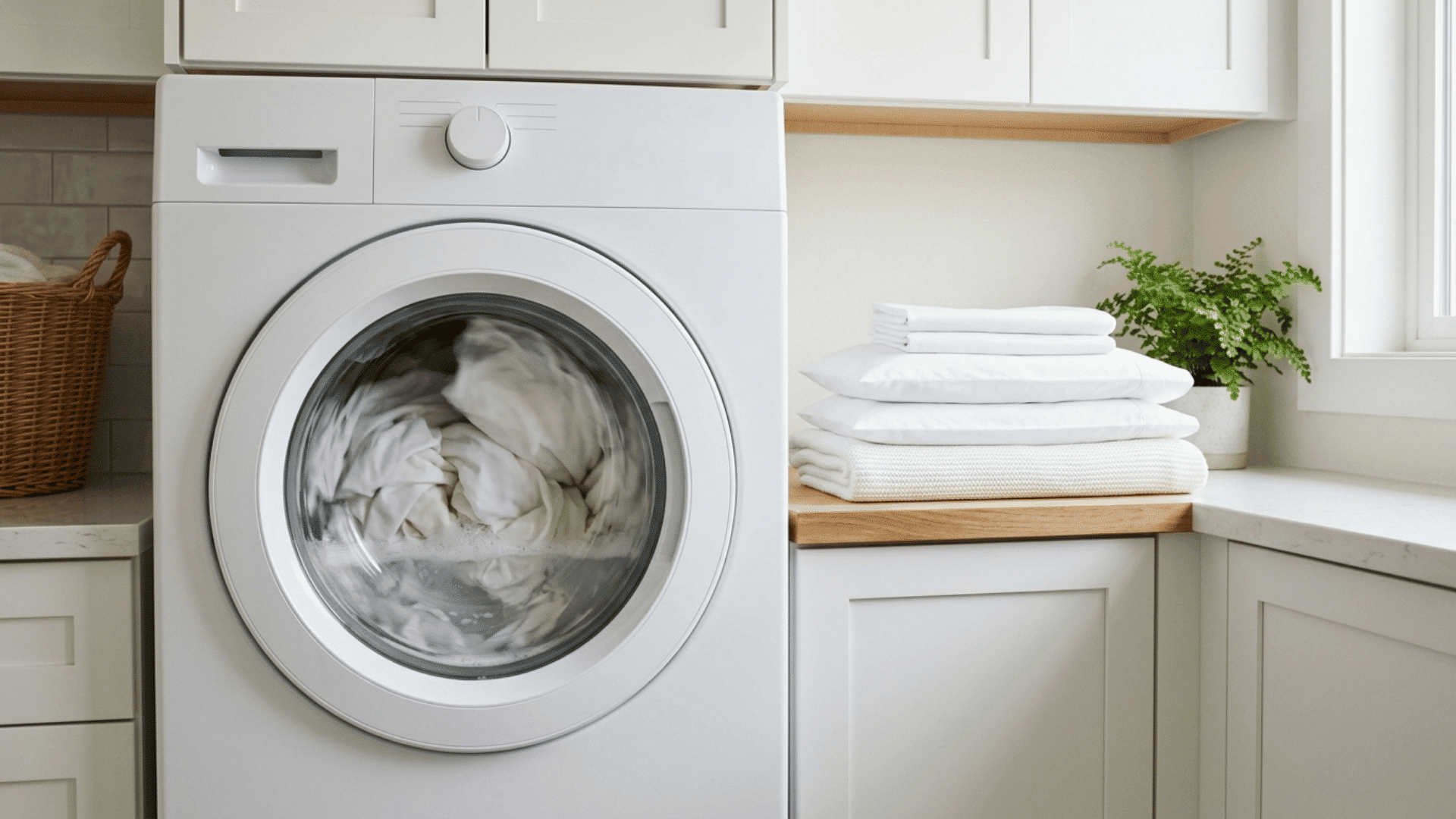 washing white bedding in a modern machine to remove dust mites