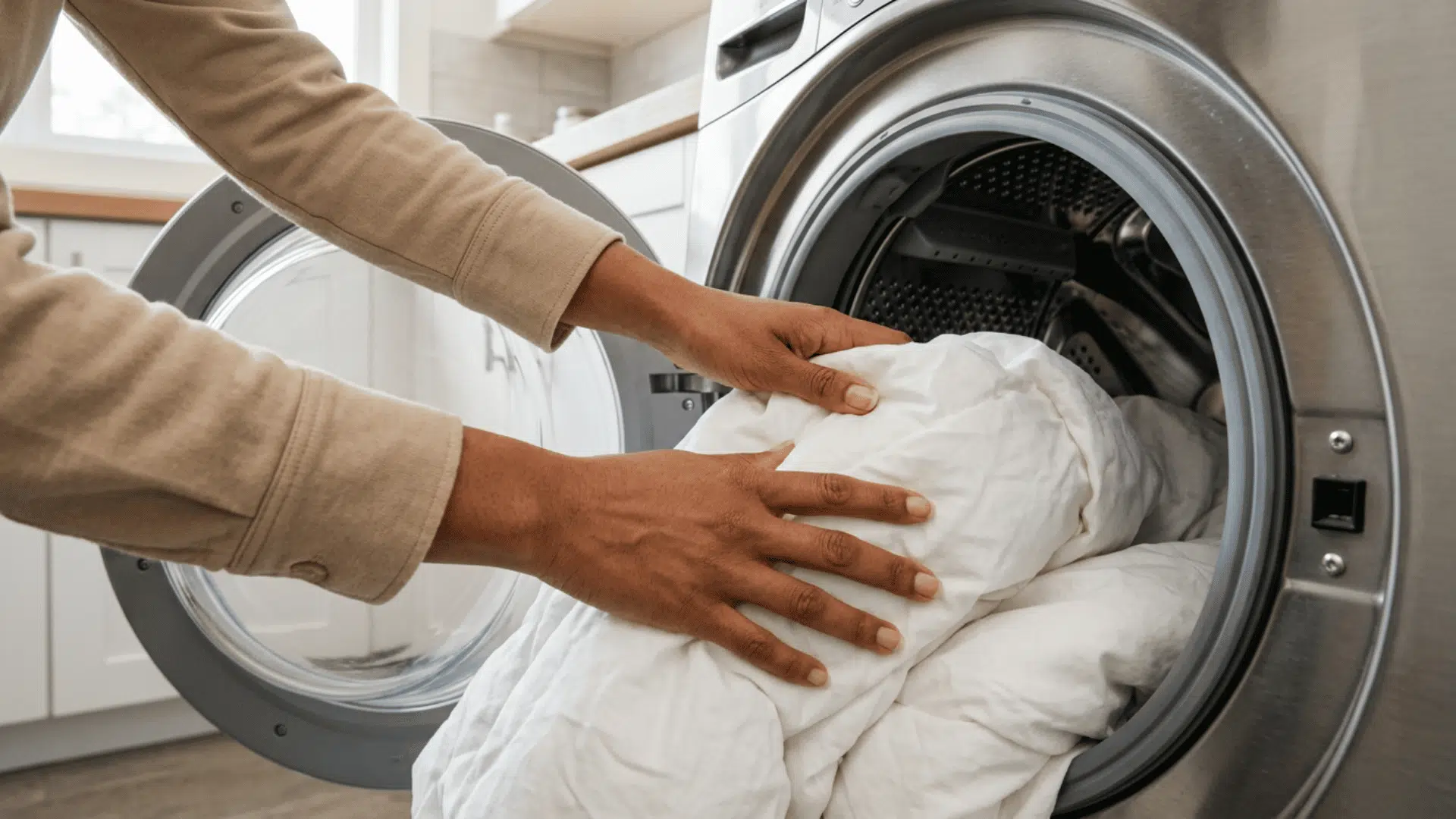 hands loading a white down comforter into a large front-loading washer