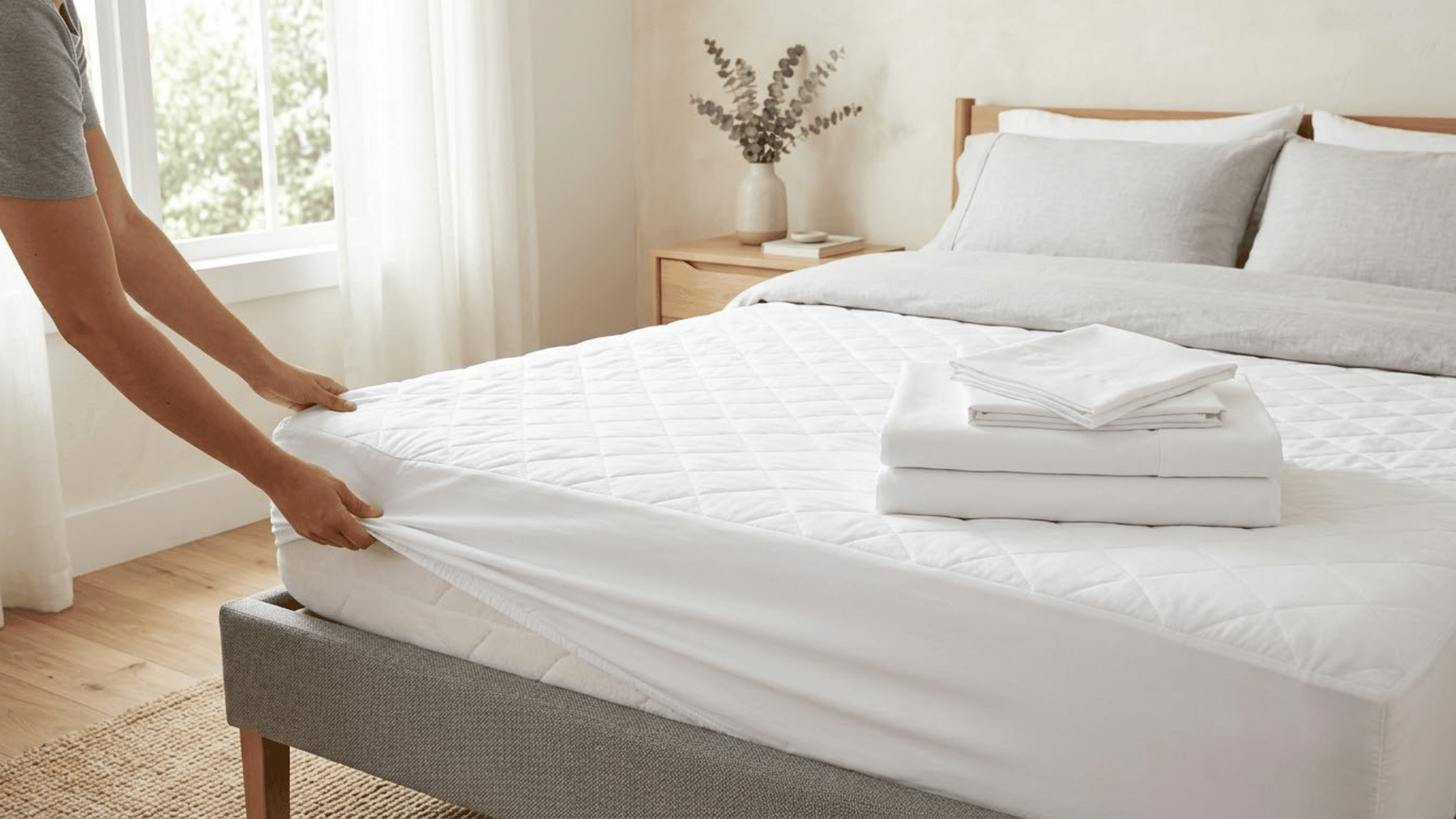 waterproof mattress protector being fitted over a mattress corner to prevent future stains