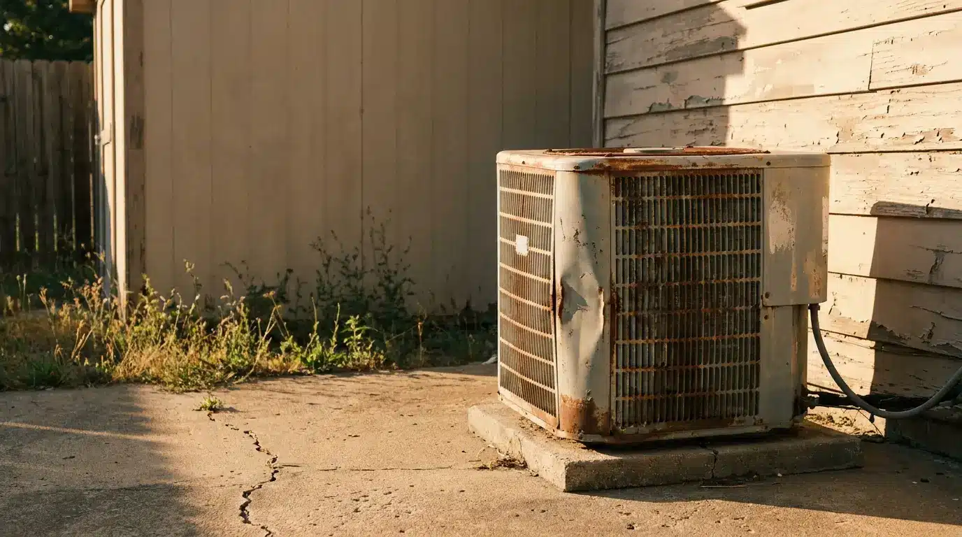 Rusty air conditioning unit on concrete slab next to weathered wooden wall in late afternoon light