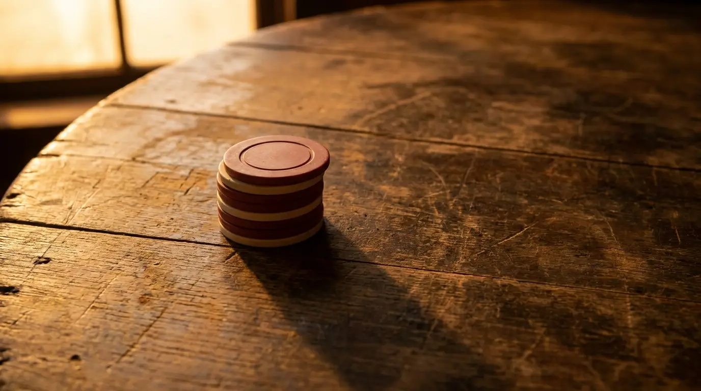Stack of poker chips on rustic wooden table in warm ambient light
