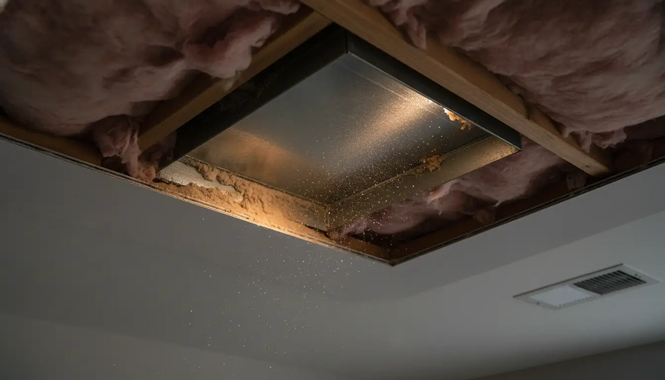 Open ceiling panel revealing insulation and ductwork with dust particles falling indoors