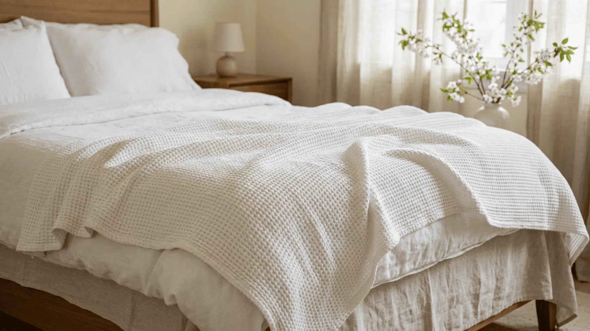 white textured coverlet spread over a bed with white pillows and soft bedroom lighting