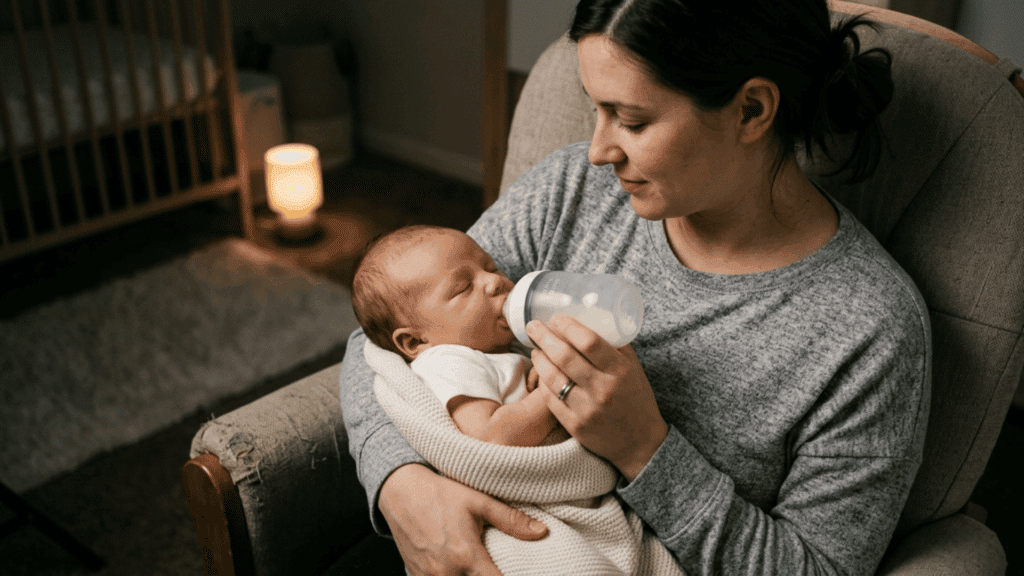 mother gently bottle-feeding her sleeping baby during a dream feed at night