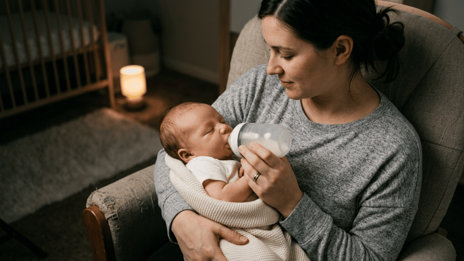 mother gently bottle-feeding her sleeping baby during a dream feed at night