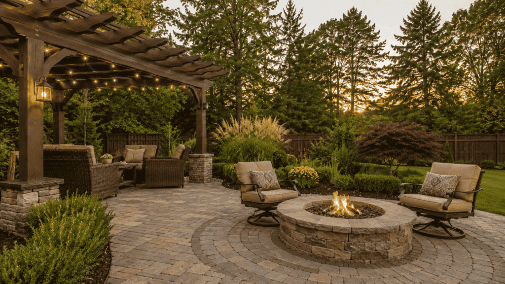 A stone paver patio with a fire pit, cushioned chairs, and a pergola with string lights at golden hour