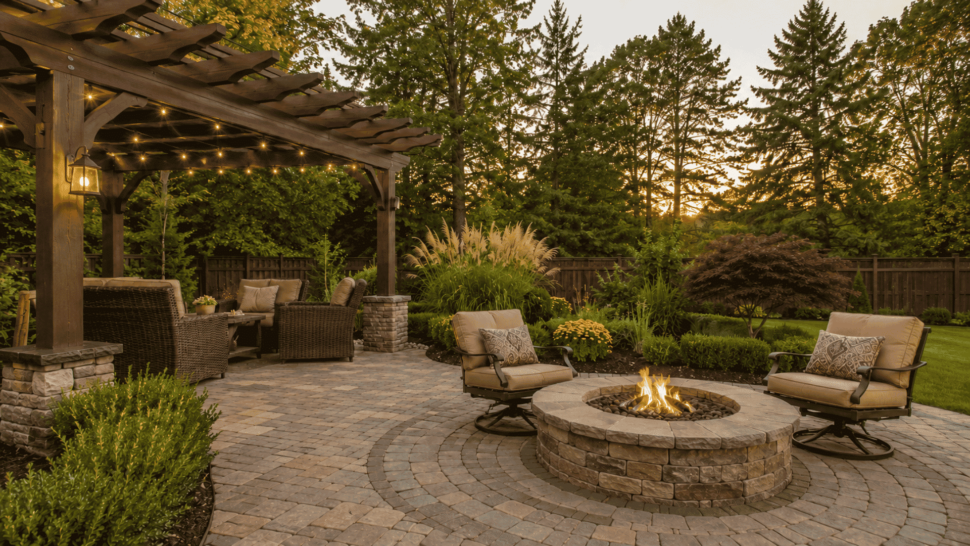 A stone paver patio with a fire pit, cushioned chairs, and a pergola with string lights at golden hour