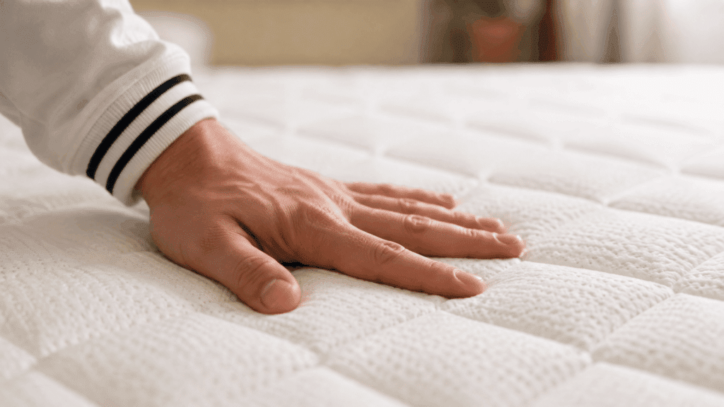 Close-up hand touching a white quilted mattress with a soft textured surface and cozy feel