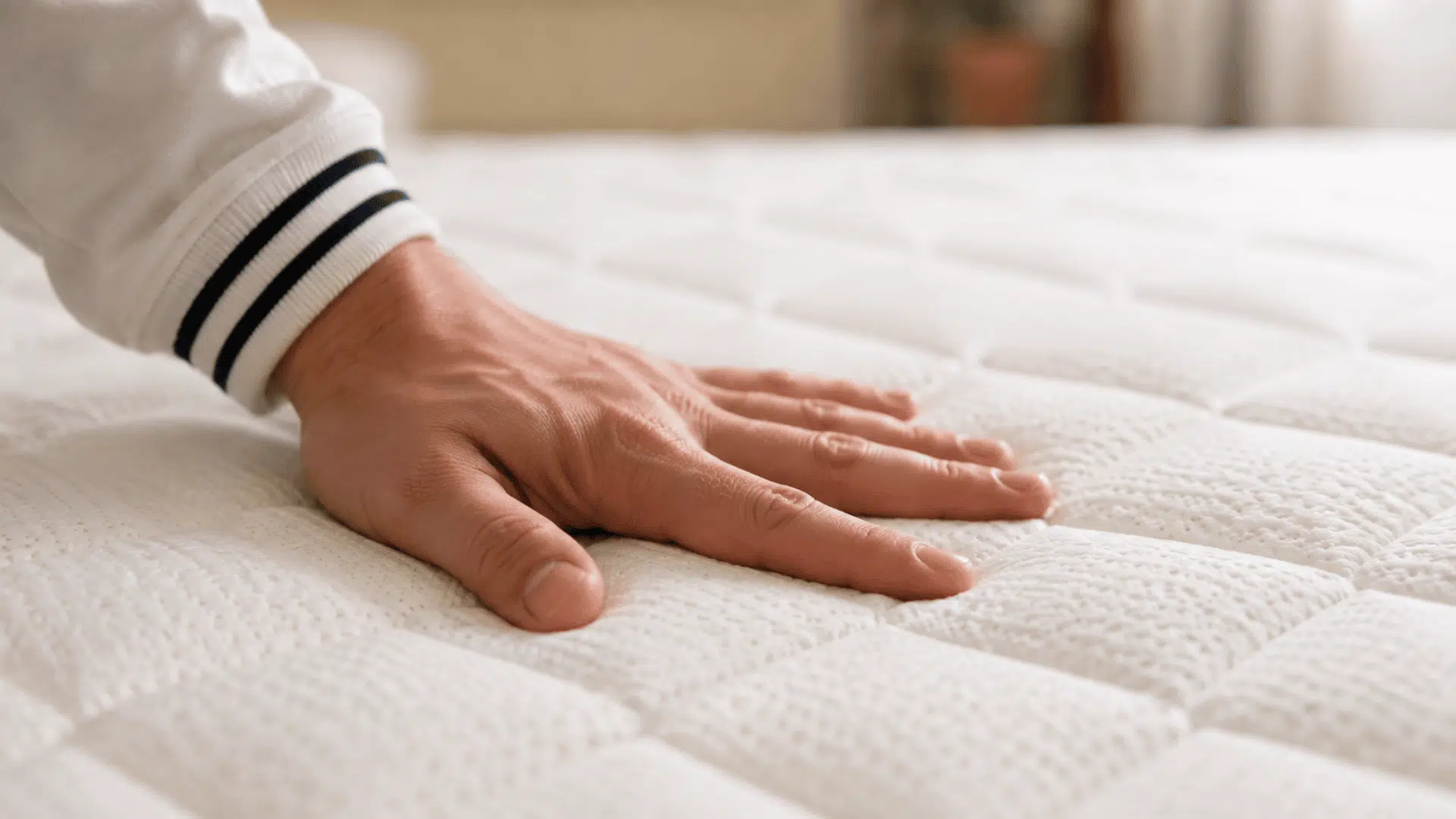 Close-up hand touching a white quilted mattress with a soft textured surface and cozy feel