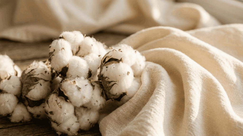 close up of raw cotton bolls beside soft folded cream cotton fabric showing texture difference