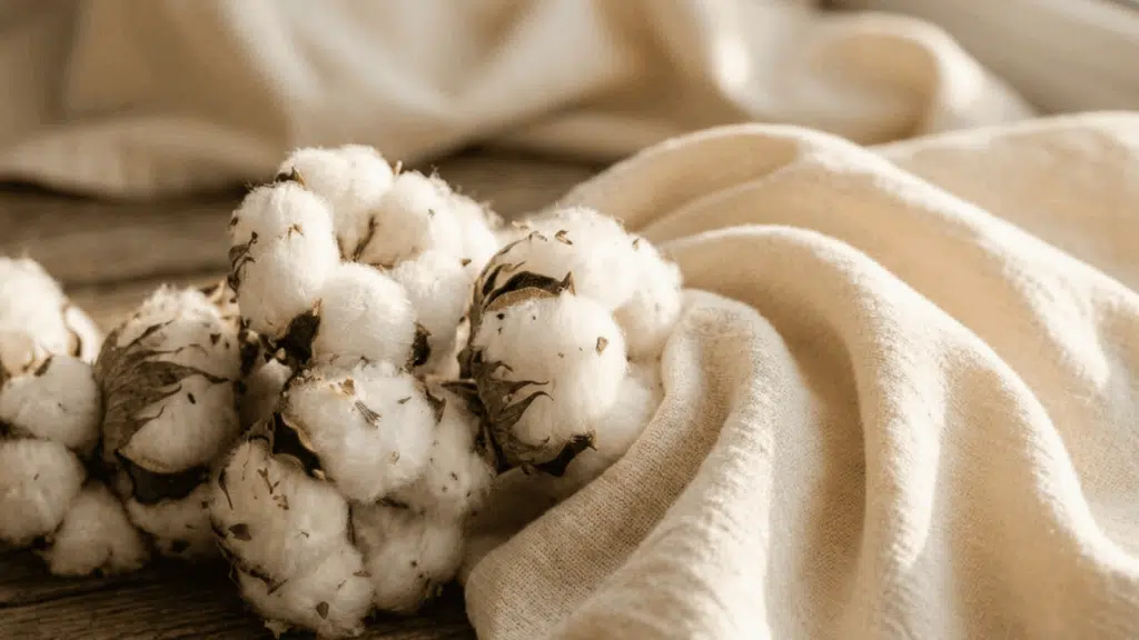 close up of raw cotton bolls beside soft folded cream cotton fabric showing texture difference