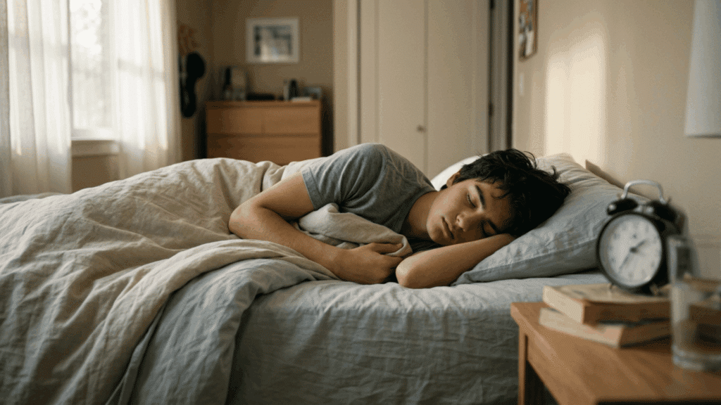 adolescent asleep by a clock, representing prolonged sleep in sleeping beauty syndrome