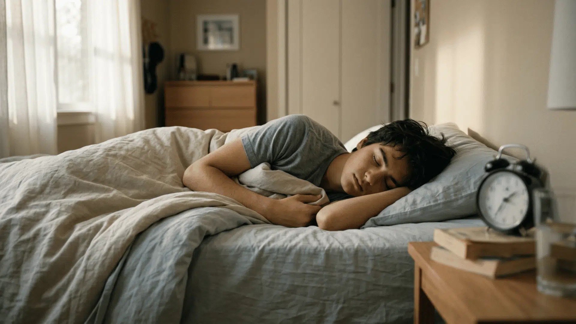 adolescent asleep by a clock, representing prolonged sleep in sleeping beauty syndrome