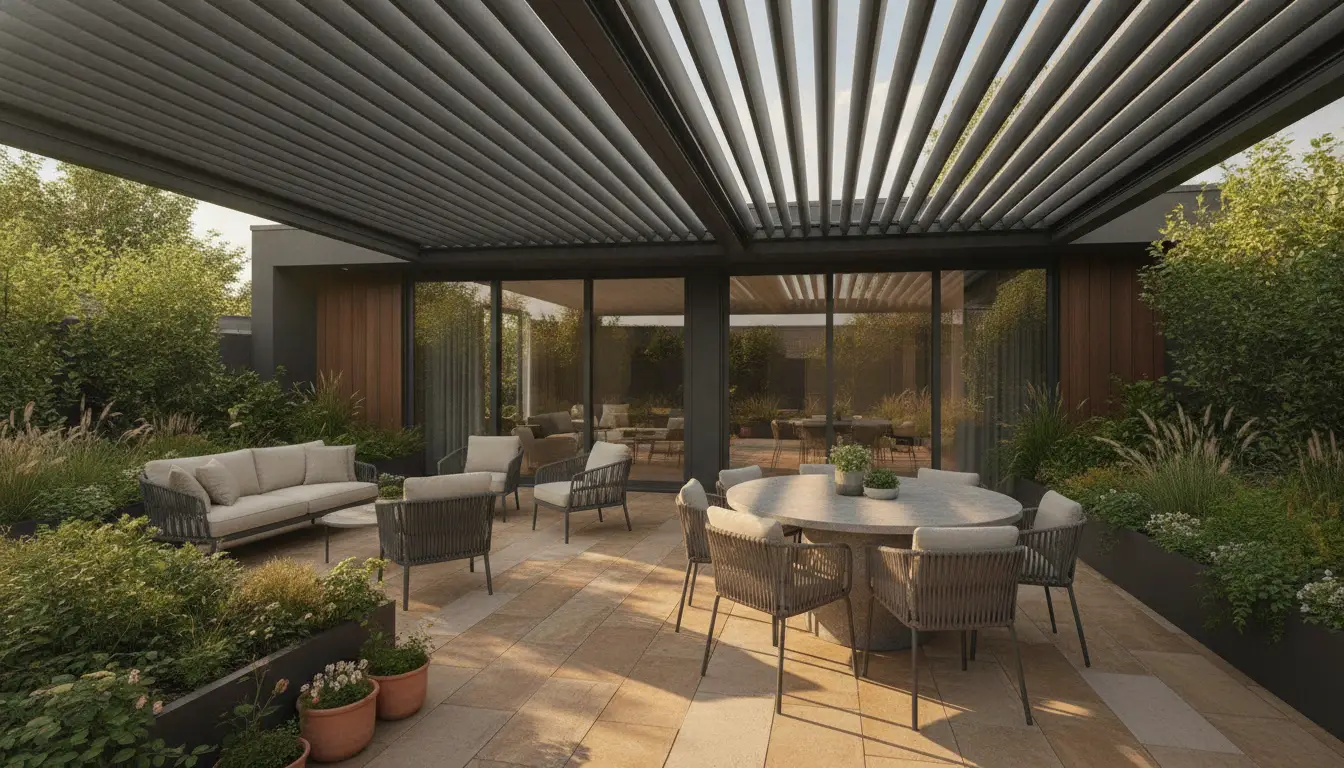 Modern outdoor patio with wicker furniture and round table under pergola in lush garden setting