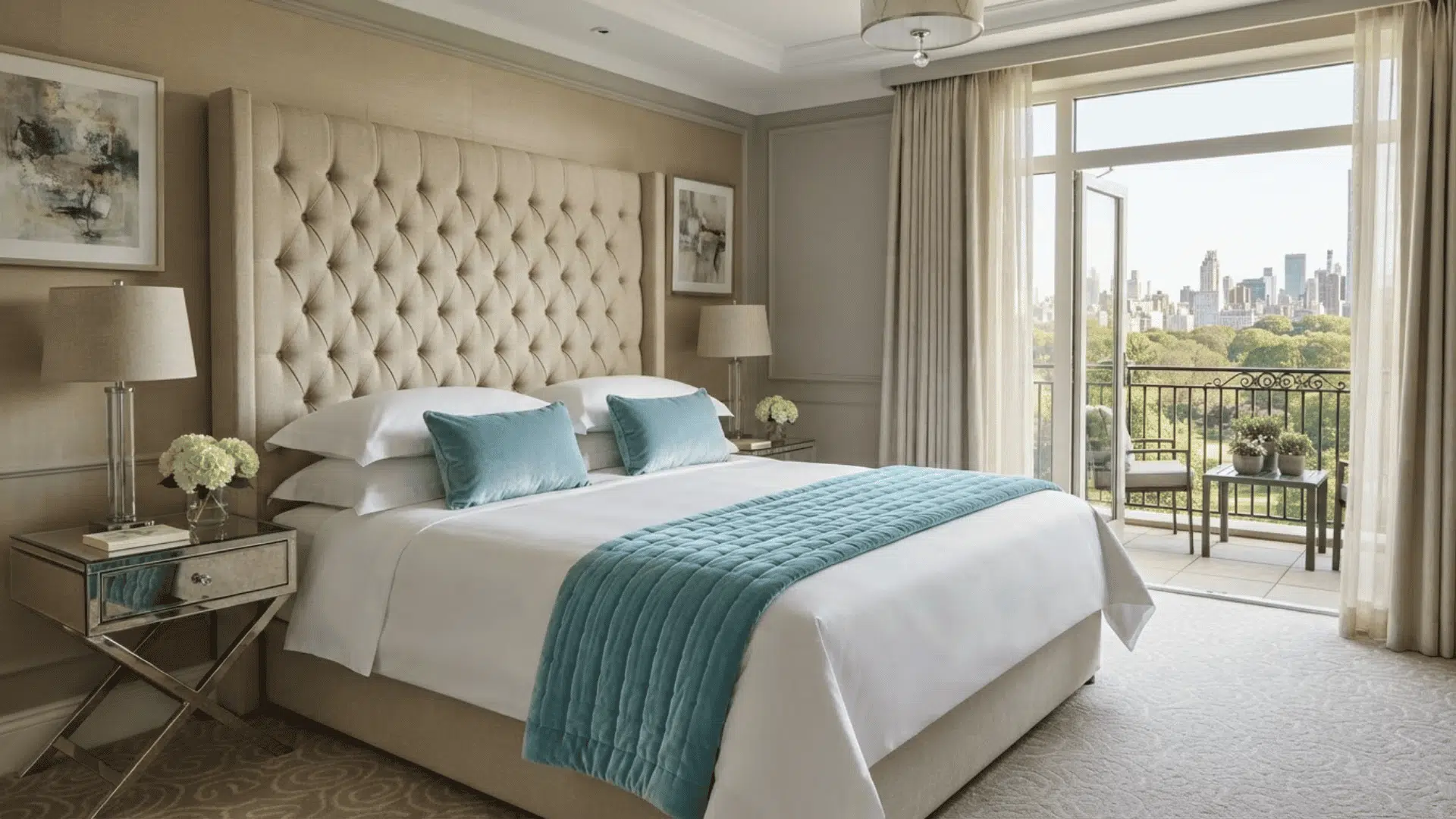 luxury hotel bed with white bedding, blue accents, and a bright city-view balcony