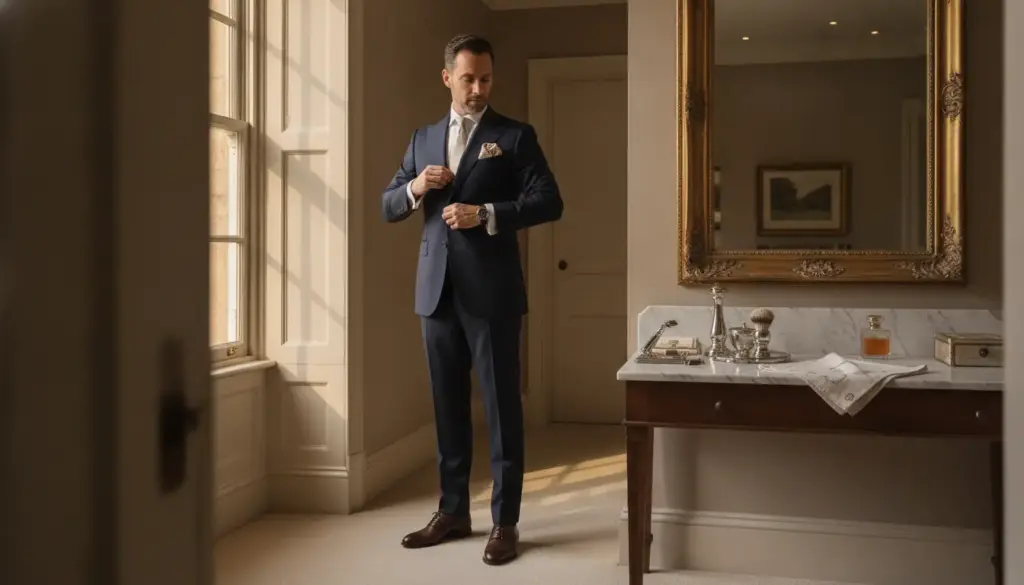 Man in formal suit adjusting sleeves in elegant room with large mirror and wooden furniture