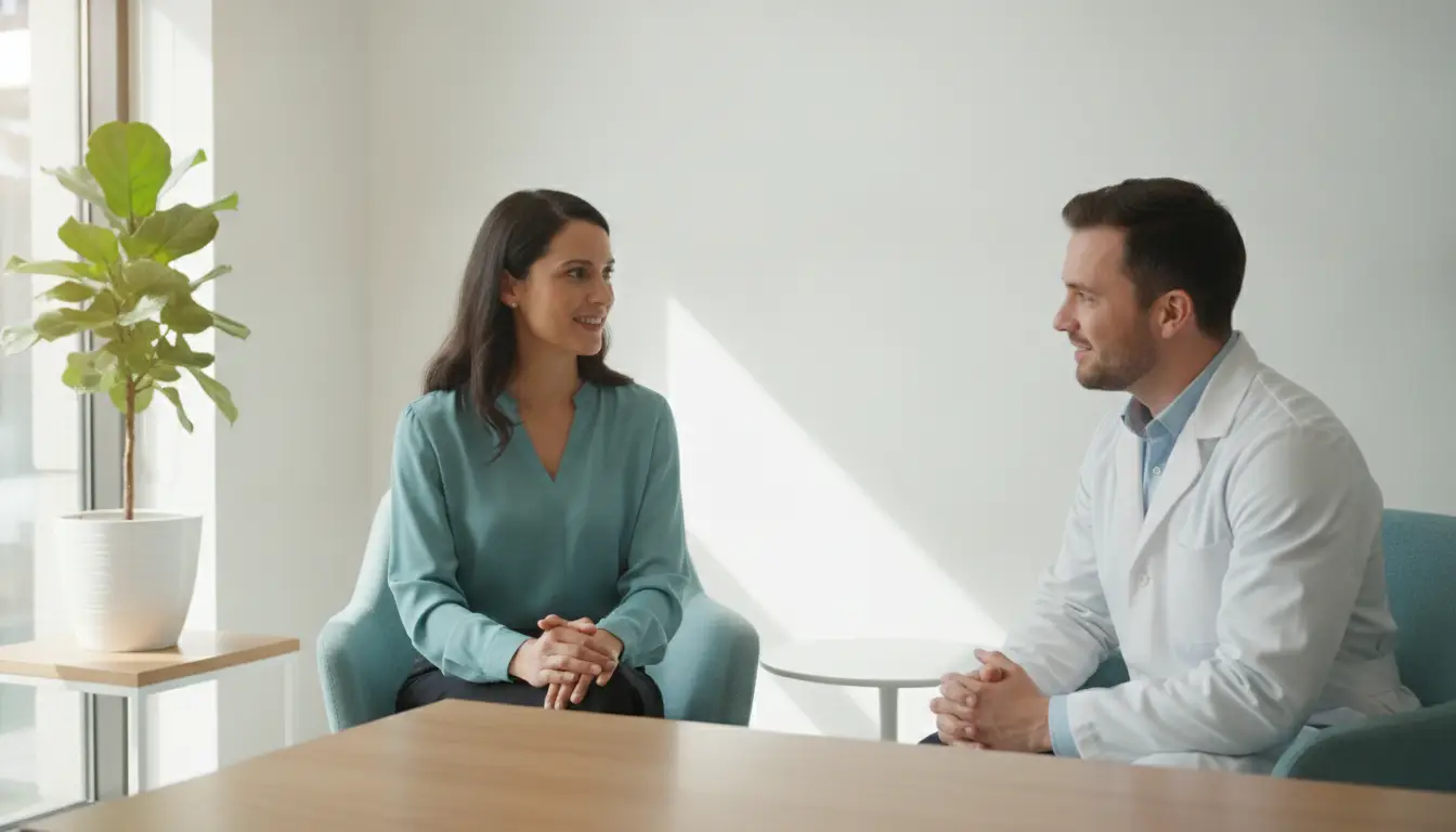 Healthcare professional consults smiling patient in bright office with potted plant nearby