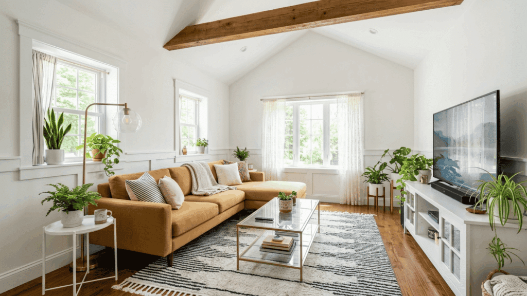 bright living room with sectional sofa and correctly sized striped area rug