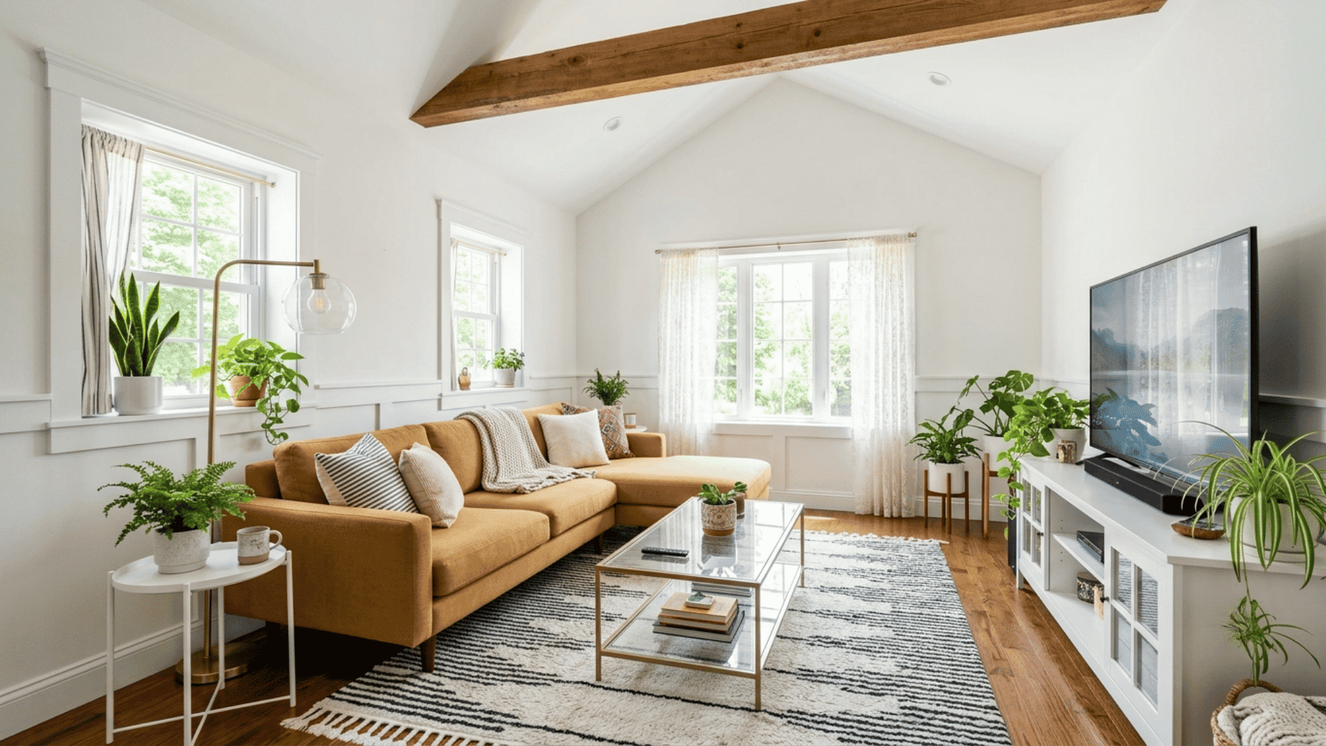 bright living room with sectional sofa and correctly sized striped area rug