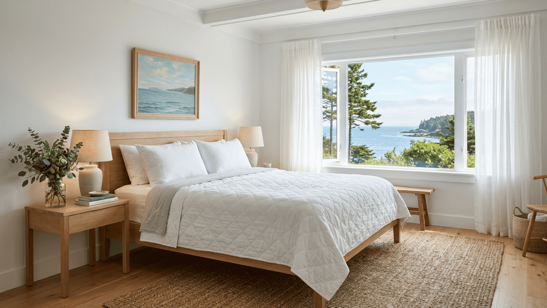 white quilted coverlet spread across a wooden bed in a bright coastal bedroom with large windows and neutral decor