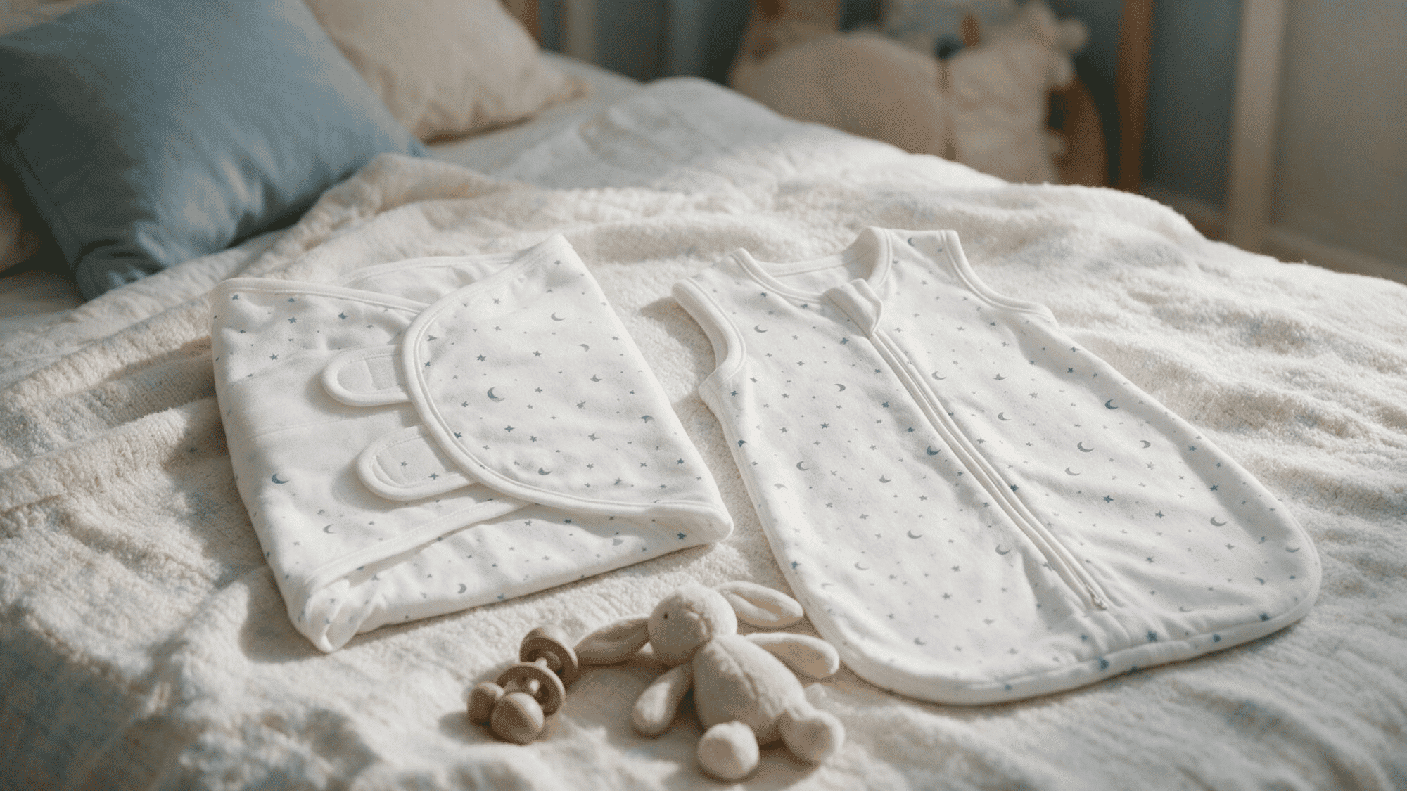 White swaddle wrap and zippered sleep sack laid on a bed with small baby toys.