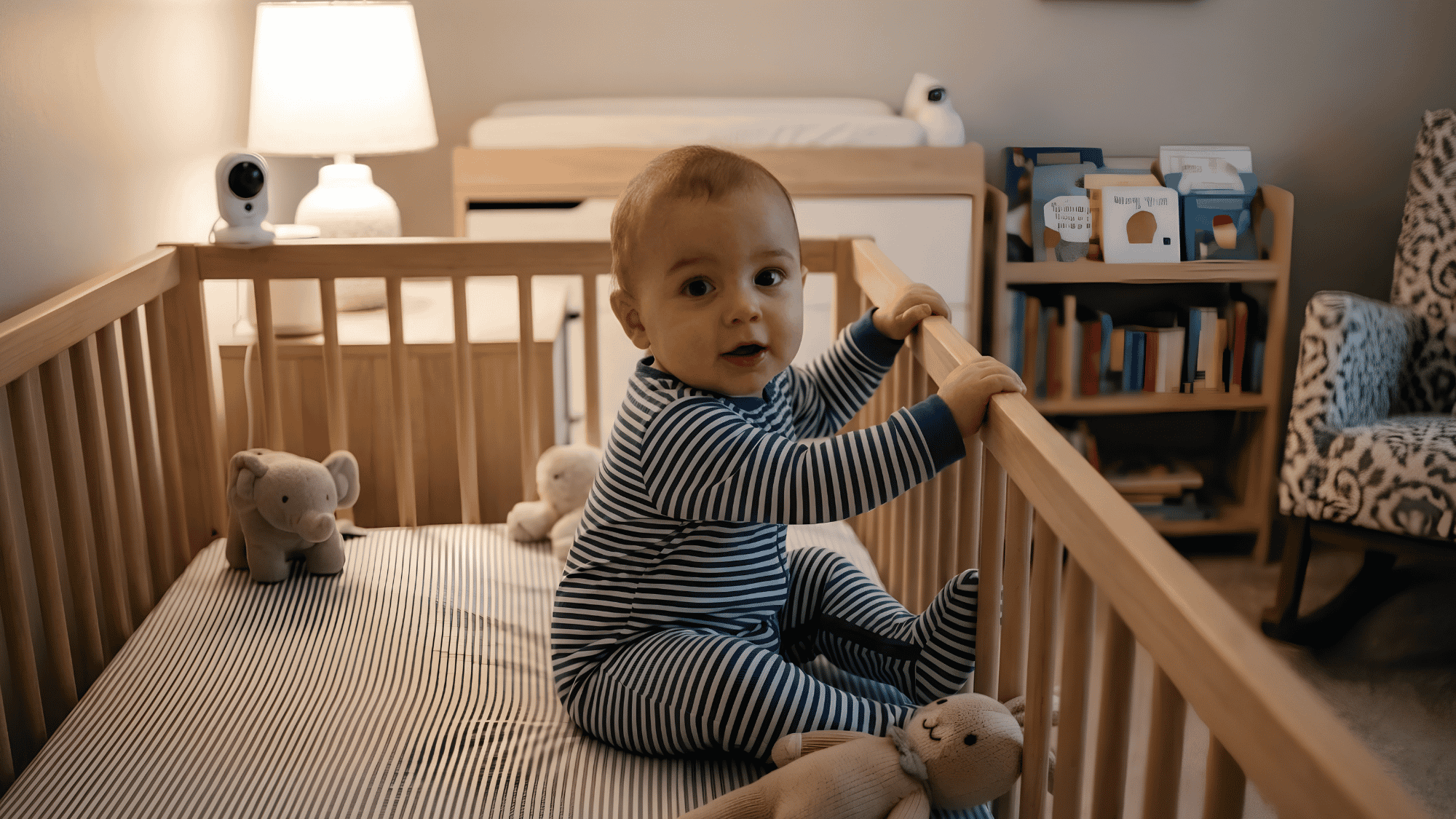 Alert baby sitting and holding the rail of a wooden crib in a softly lit nursery.