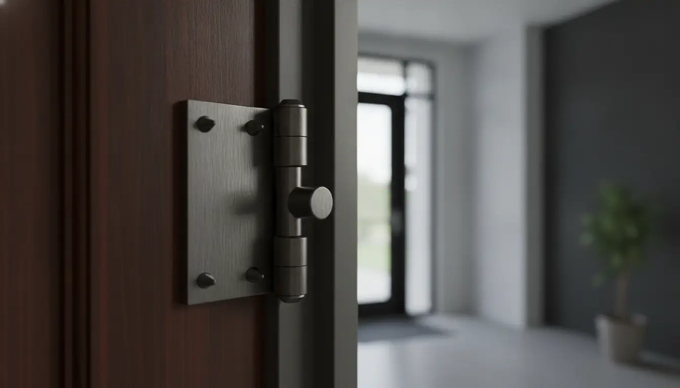 Close-up of brushed metal door hinge on wooden door in modern, softly lit interior space
