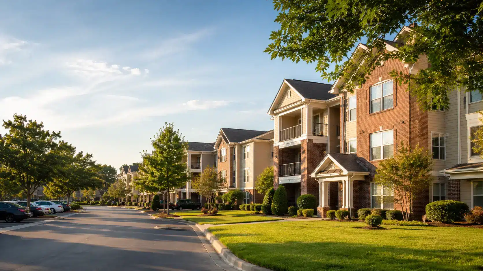 Brick apartment buildings with balconies along tree-lined street under clear blue sky