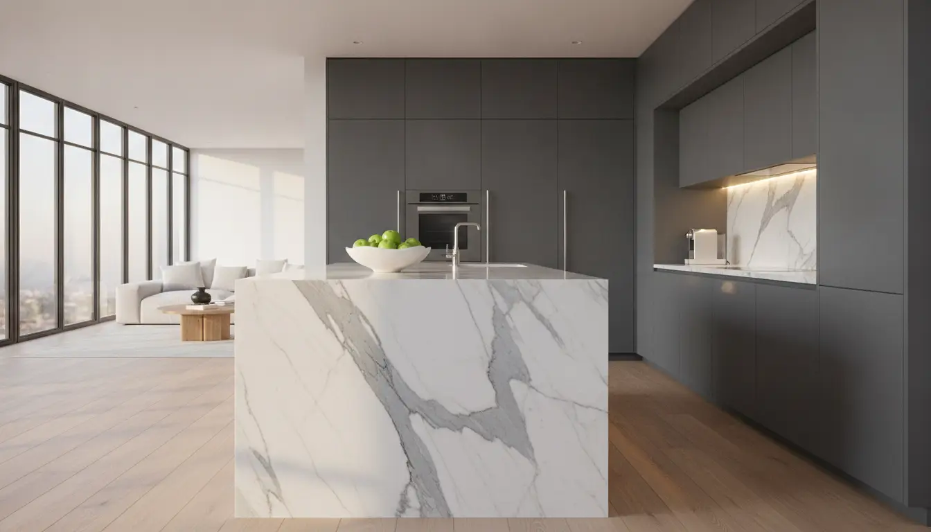 Modern kitchen with marble island, bowl of green apples, and sleek gray cabinets under natural light