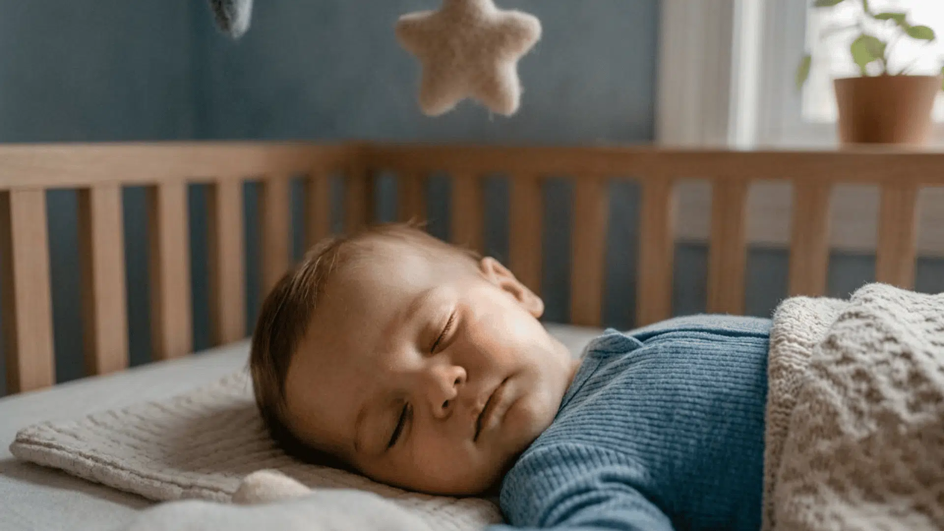 Baby sleeping peacefully in a wooden crib, calm despite resisting sleep