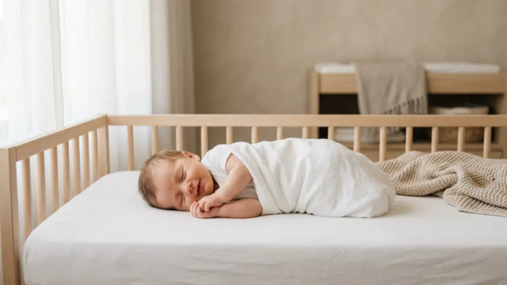 Sleeping newborn smiling peacefully in a wooden crib with soft daylight in a calm neutral nursery