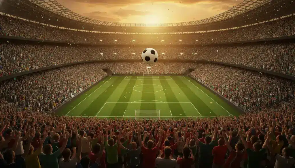 Soccer stadium filled with cheering crowd under sunset sky with floating soccer ball