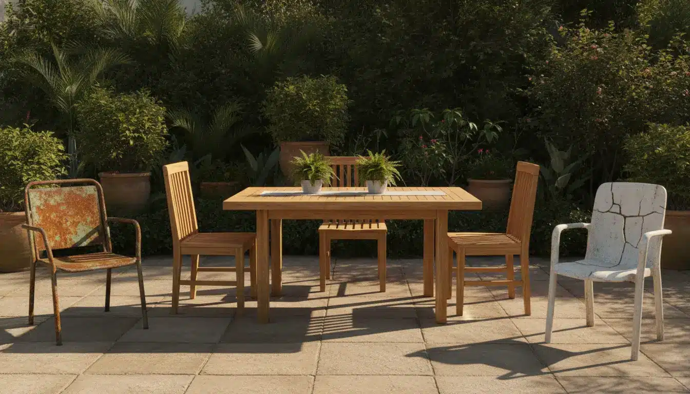 Wooden patio table with mismatched chairs surrounded by lush greenery in a sunny outdoor garden