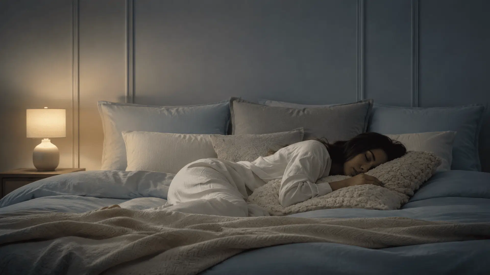 Woman sleeping peacefully on a pillow in a softly lit blue-grey bedroom.