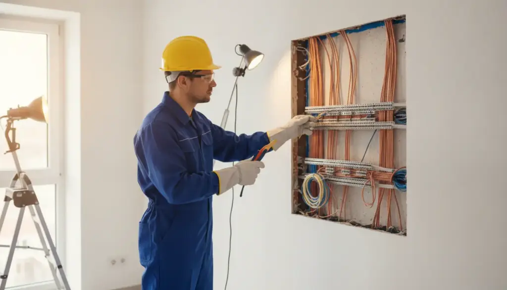 Electrician in blue overalls working on building wiring inside a wall, with warm indoor lighting