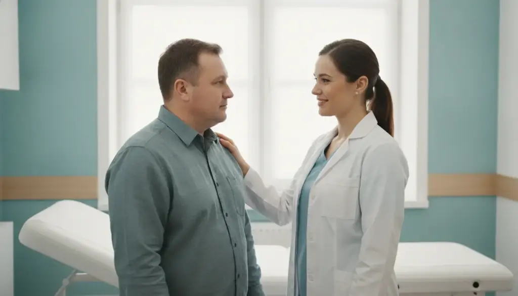 Doctor in white coat consulting male patient in modern medical office