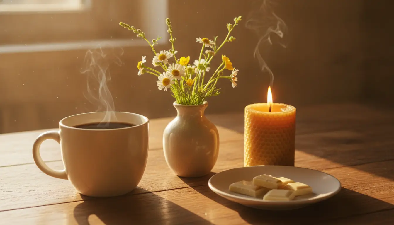 Steaming coffee cup, beeswax candle, white chocolate on wooden table in warm lighting