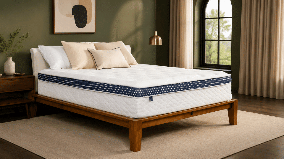 WinkBed mattress on a wooden frame in an olive-green bedroom