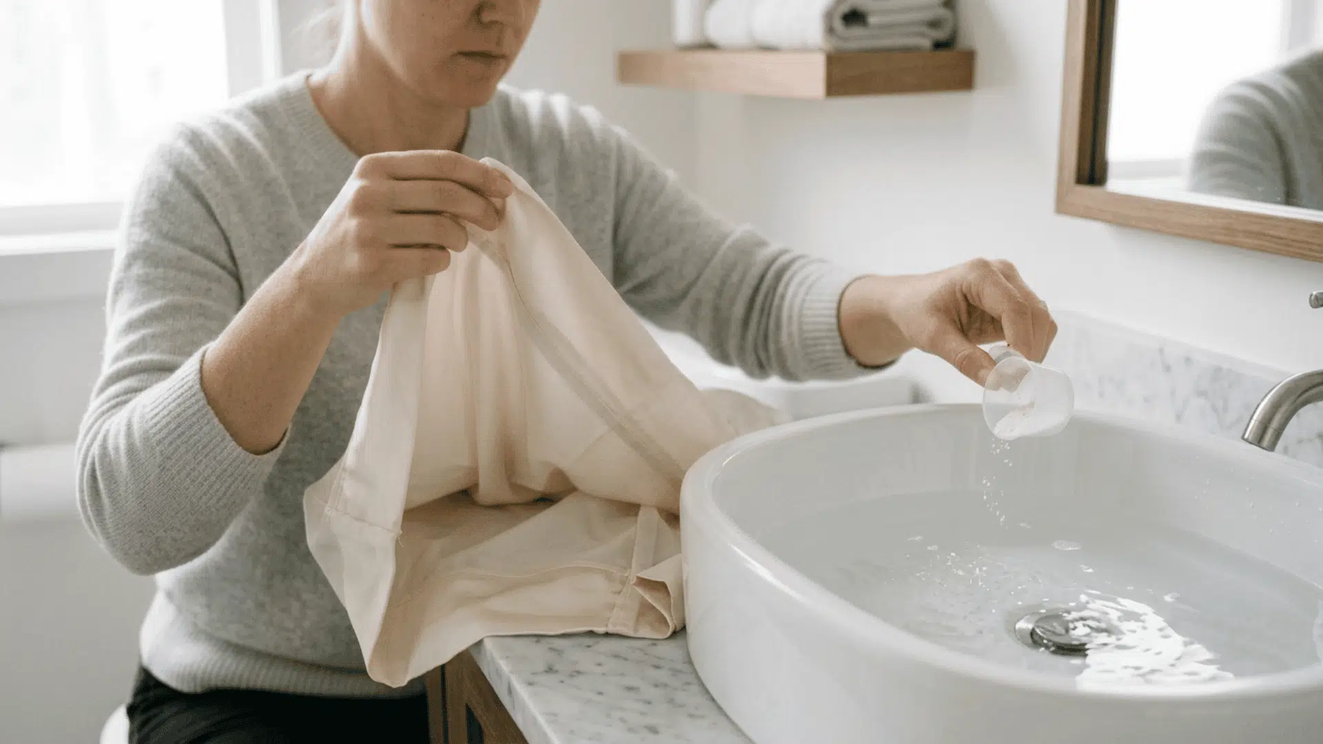 Woman adding detergent to a basin before washing a pillowcase