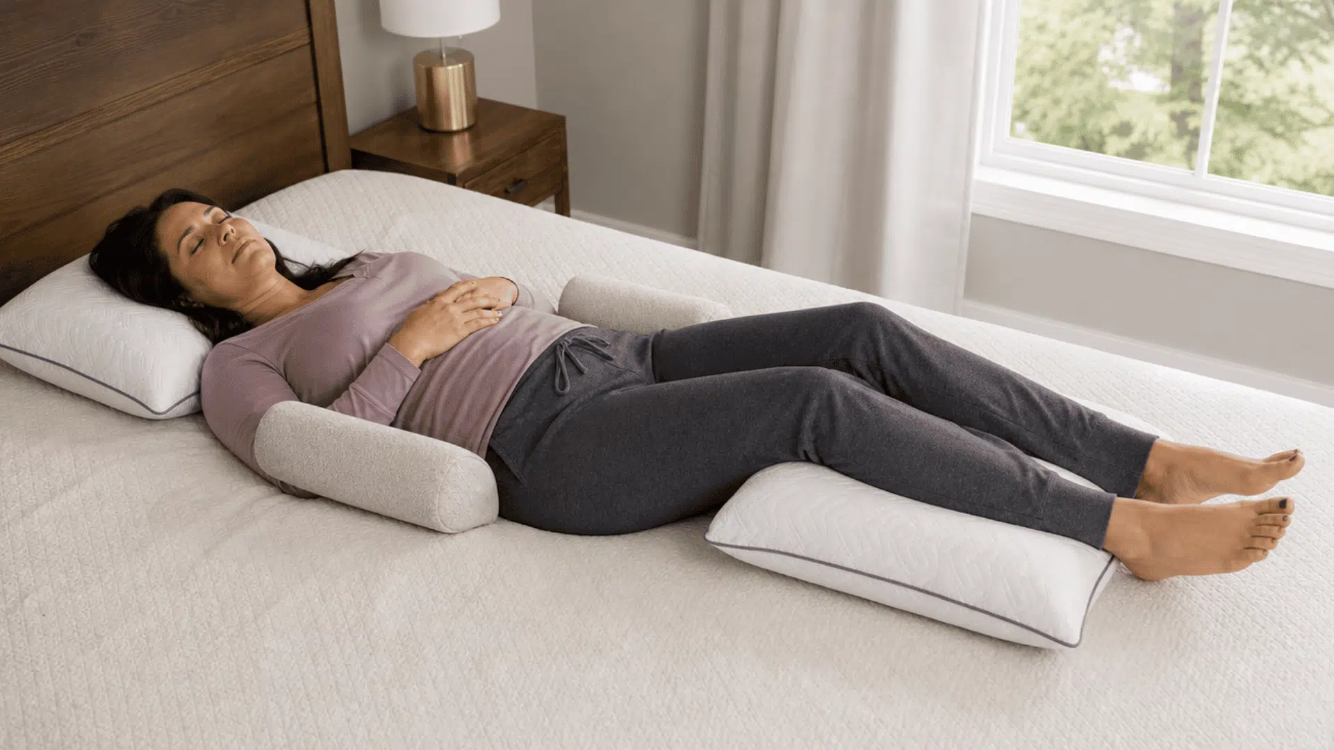 woman lying on her back in bed with pillows supporting her arms and legs for comfortable sleep.