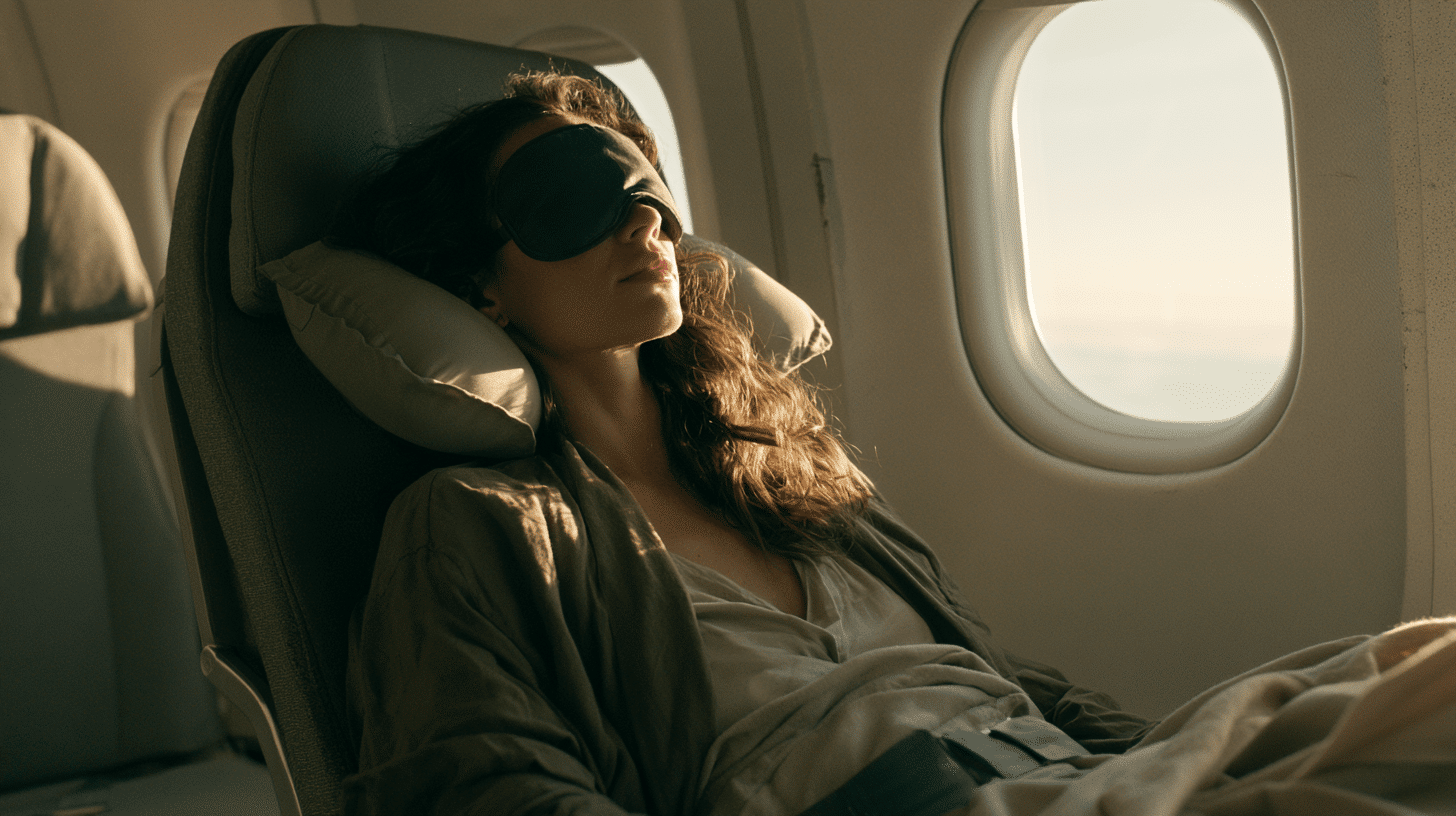 woman sleeping by a plane window with an eye mask, neck pillow, blanket and seat belt