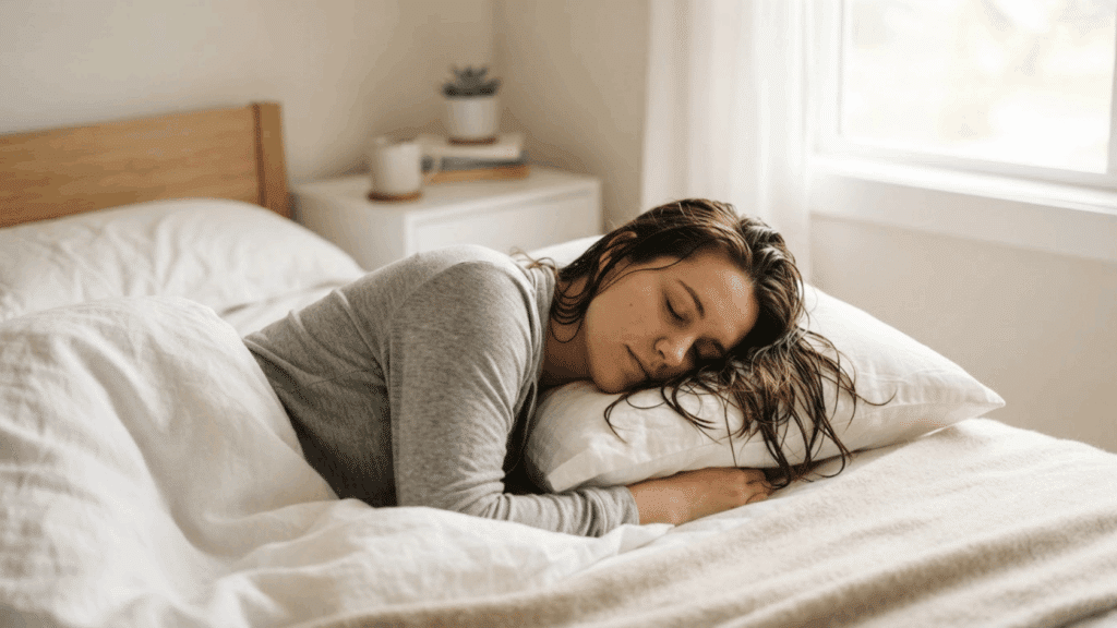 Woman sleeping with damp hair on a pillow after a shower.