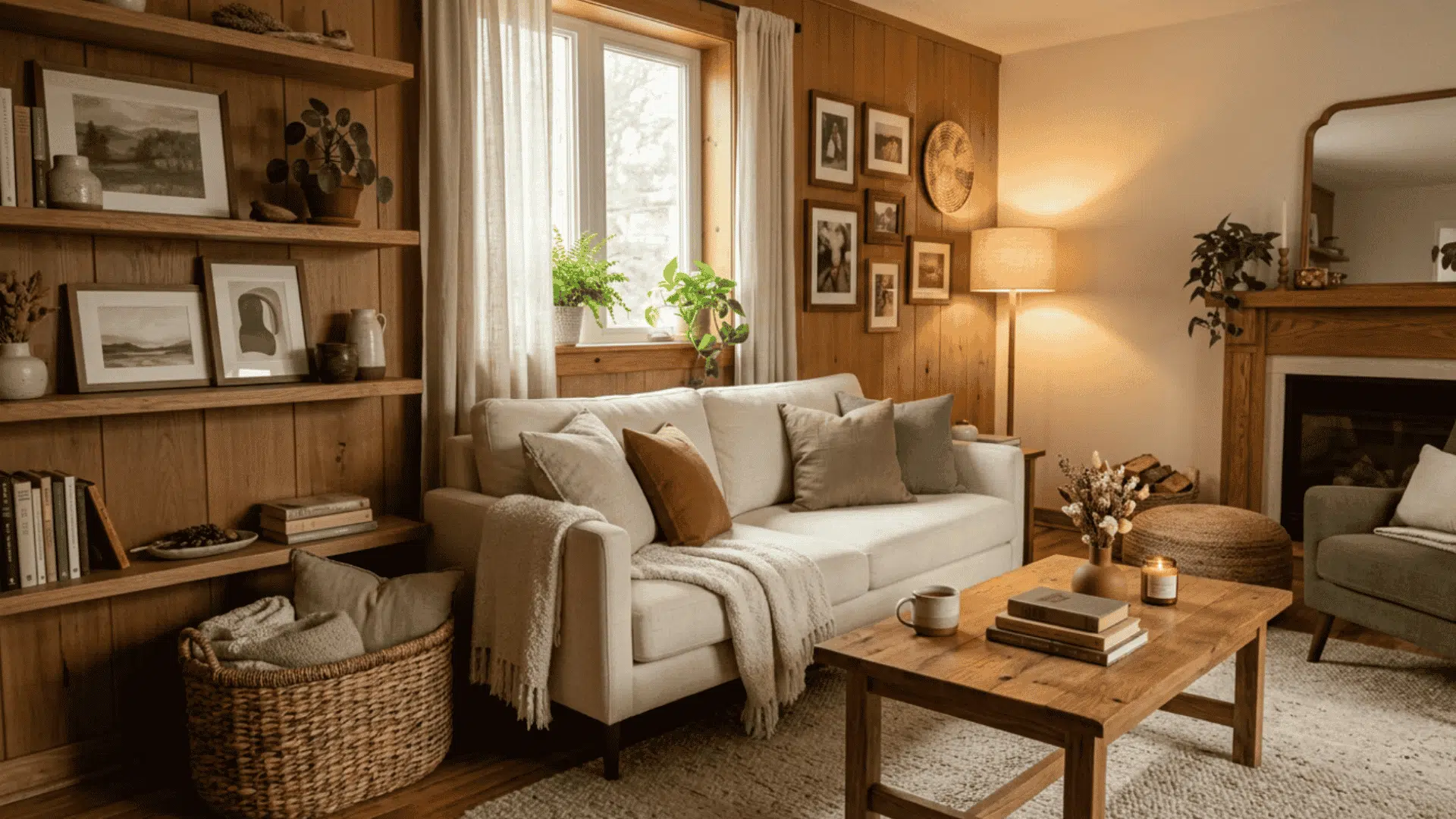 Cozy living room with wooden coffee table, shelves, picture frames, and woven basket.